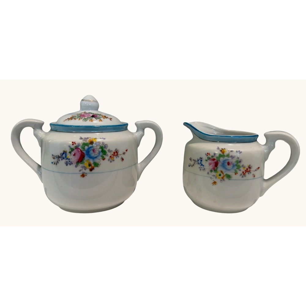 Vintage Hand Painted TRICO Japan Creamer Sugar Bowl Set Floral Gold Gilt